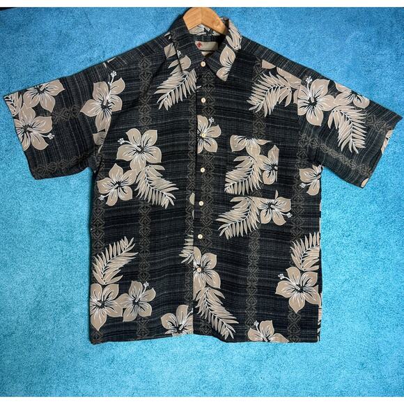 Extreme Gear Mens L Hawaiian Shirt Gray Tan Floral 100% Poly Made in Korea - Picture 1 of 14